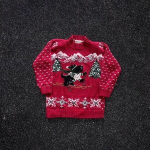 Heirloom Collectibles Vintage Skiing Dog Winter Sweater Red Mock Neck Medium